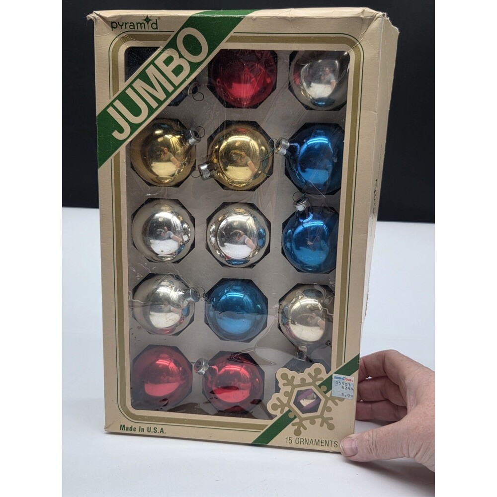 Vintage Pyramid Jumbo Christmas Ornaments 15-Pack Multicolor Glass Made In USA